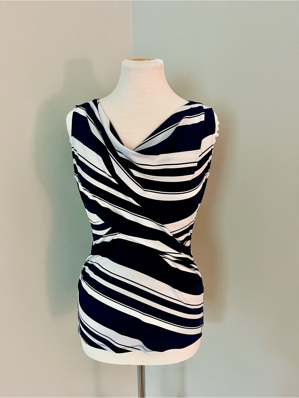 NY&Co. Navy and White Striped Draped Shell Top, S